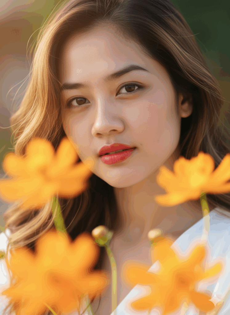 Cô gái mặc váy pastel, đứng bên hoa mimosa vàng, nụ cười nhẹ, ánh sáng buổi sáng.