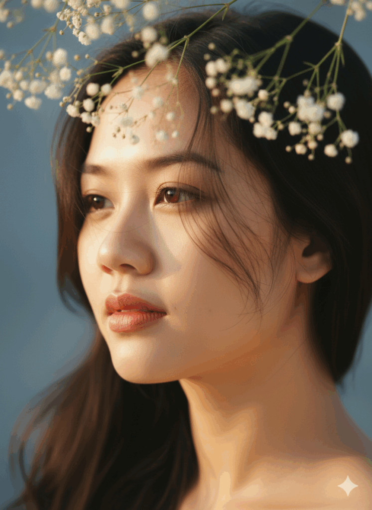 Chân dung nữ Việt Nam cận cảnh giữa cúc họa mi trắng, ánh sáng vàng ấm, phong cách tự nhiên.