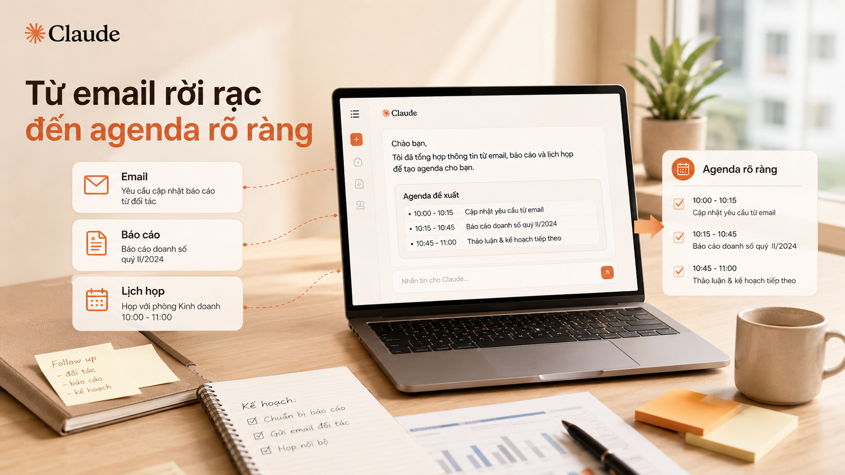 7 việc văn phòng có thể giao cho Claude AI: viết email, tóm tắt tài liệu, soạn agenda, lập bảng so sánh, tạo template, brainstorm