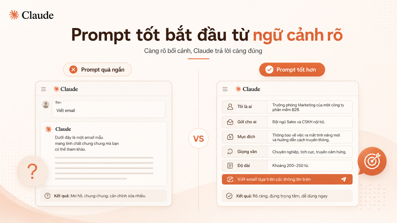 Cách dùng Claude AI hiệu quả: prompt tốt cần ngữ cảnh rõ ràng - so sánh prompt ngắn và prompt chi tiết