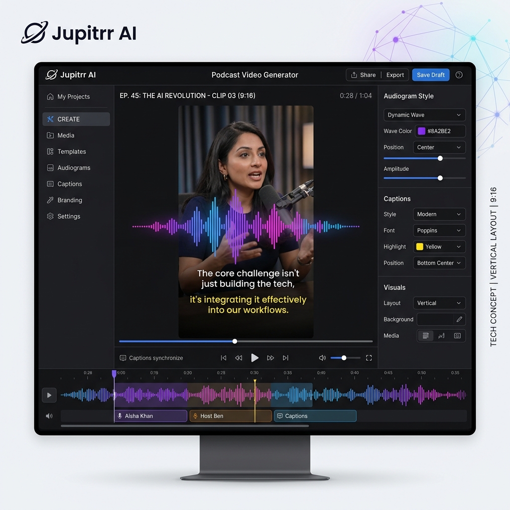 hình ảnh minh họa cho Quy trình biến file ghi âm podcast thành video ngắn triệu view trên TikTok bằng Jupitrr AI