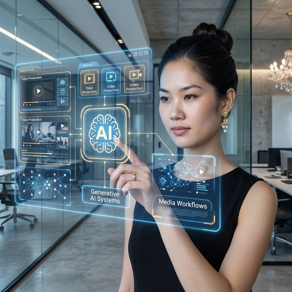Asian female model interacting with AI hologram screen - Quy trình xây dựng KOC ảo