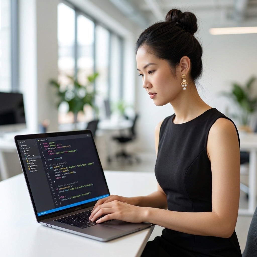 Asian female model typing code on a laptop - Tạo kịch bản bằng ChatGPT