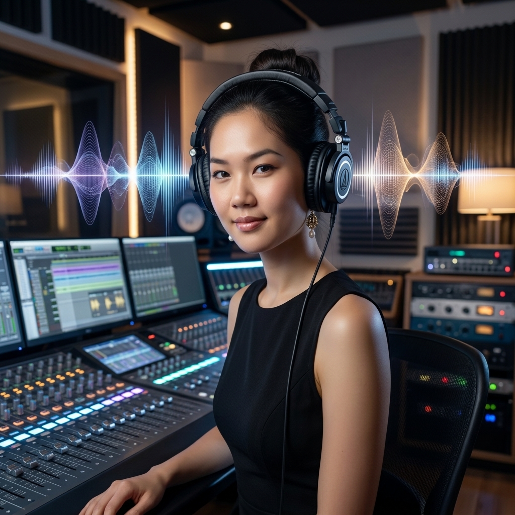 Asian female model wearing headphones in a studio - Sao chép giọng nói AI