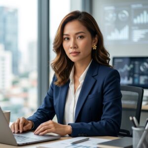 Hoàng Nhật Mai phân tích báo cáo PwC 2026 về thị trường lao động AI bên laptop làm việc