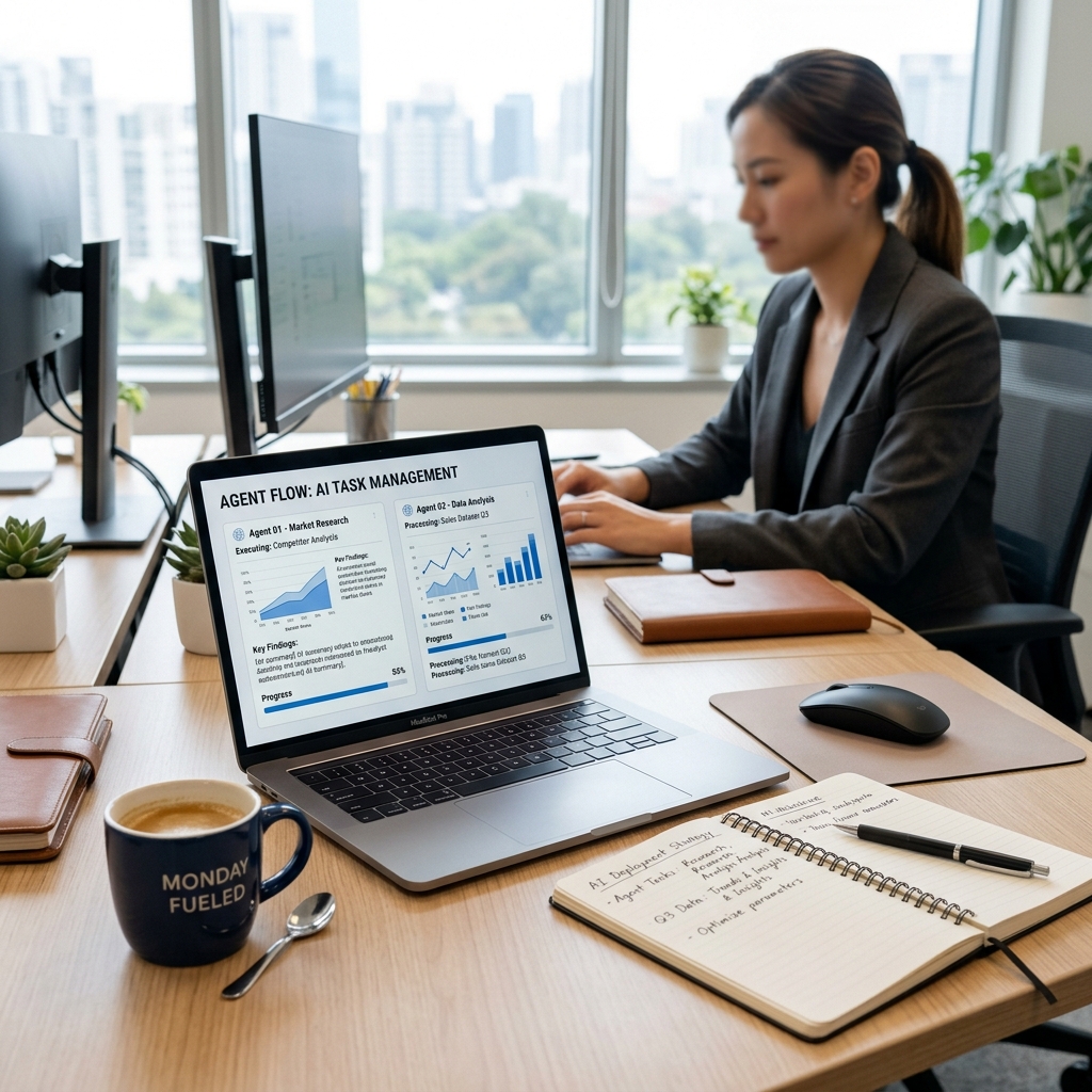 Màn hình laptop hiển thị hệ thống AI Agent tự động hóa