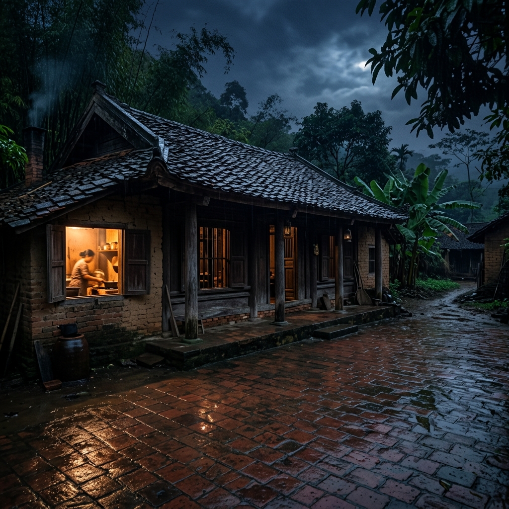 Ngôi nhà ngói truyền thống làng quê Việt Nam sau mưa