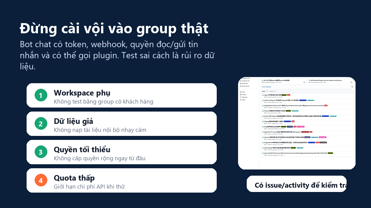 Checklist guardrail khi thử AstrBot: workspace phụ, dữ liệu giả, quyền tối thiểu, quota thấp