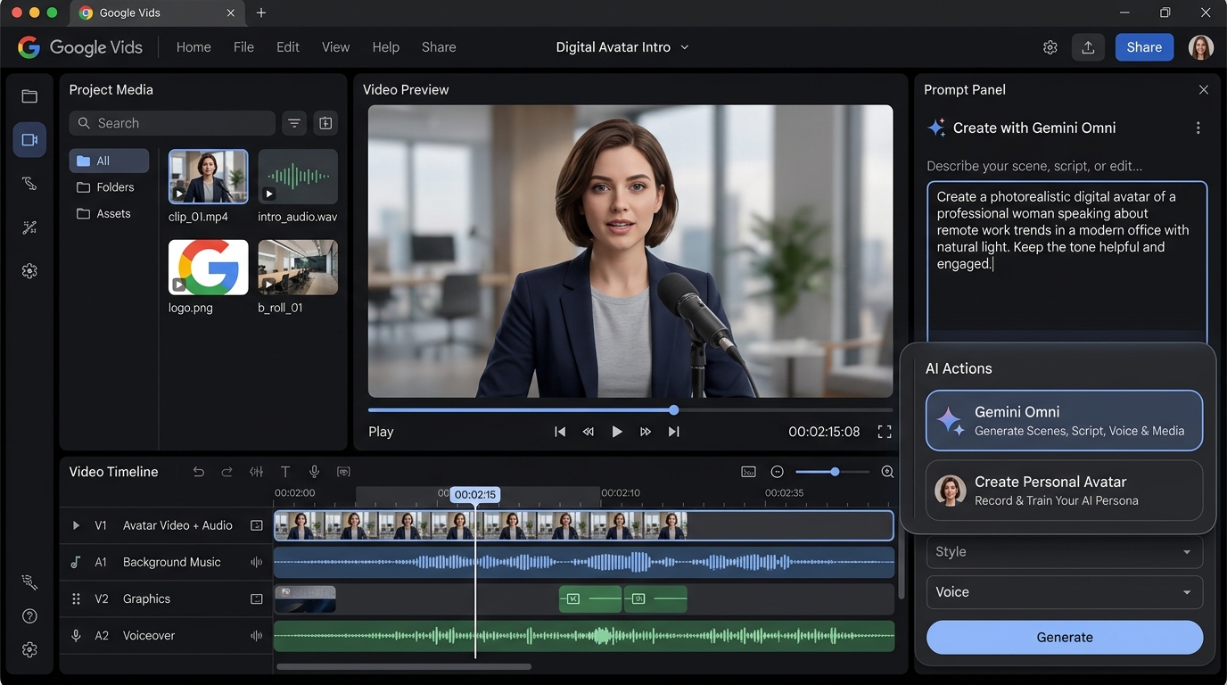 Giao diện biên tập Google Vids tích hợp tính năng Gemini Omni và thiết kế avatar cá nhân