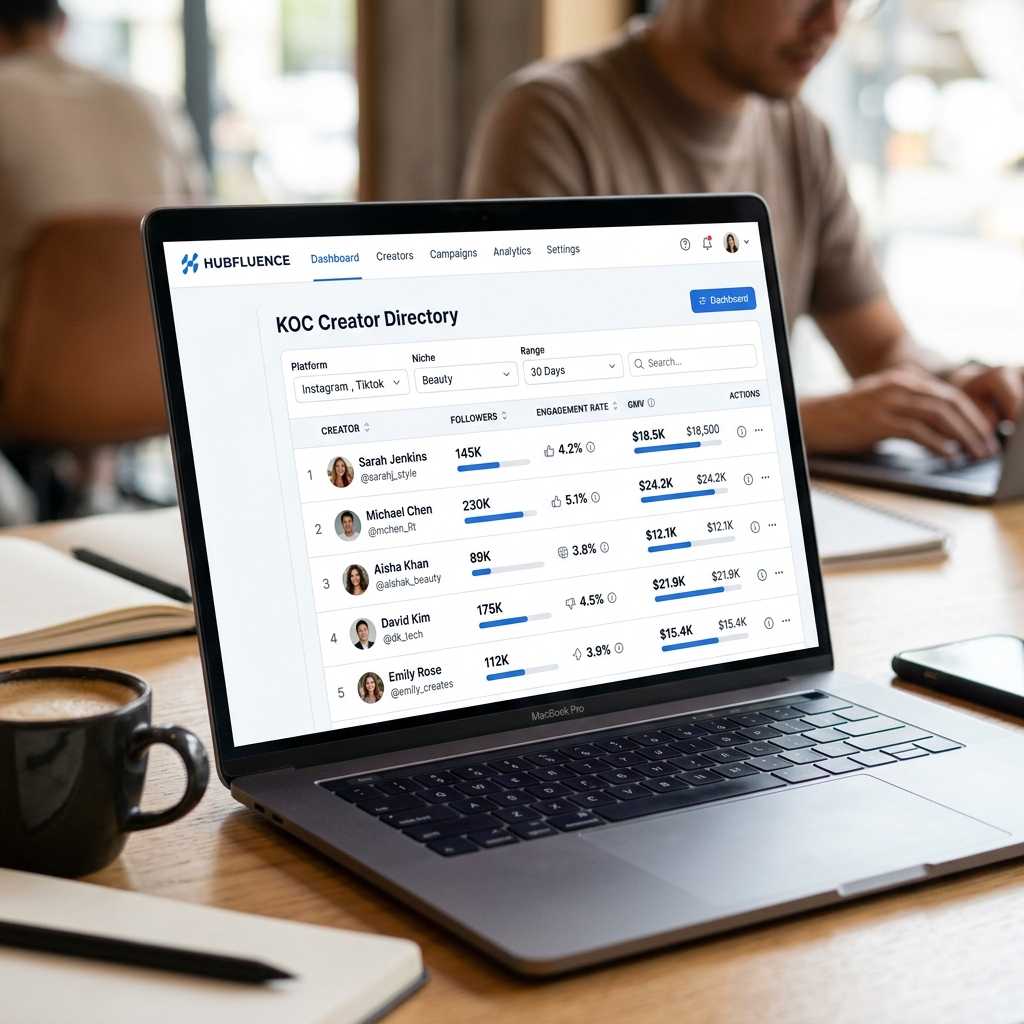 tiktok shop affiliate - Giao diện dashboard Hubfluence lọc danh sách KOC TikTok Shop theo doanh số GMV thực tế