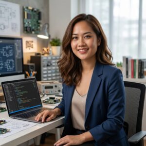 Hoàng Nhật Mai đang lập trình và làm việc bên laptop trong studio công nghệ để giới thiệu IDE là gì