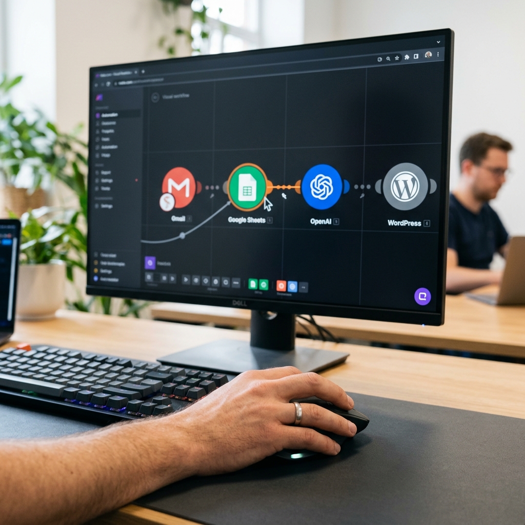 lỗi error handling trên make - Kéo thả kết nối các module Google Sheets, OpenAI và WordPress trên giao diện Make.com