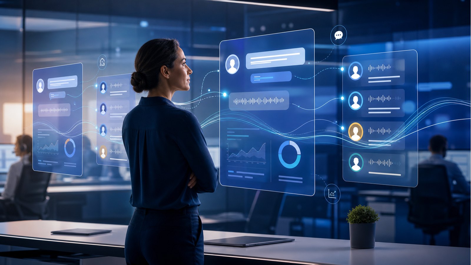 Minh họa OpenAI Presence với người quản lý theo dõi các AI agent chăm sóc khách hàng trong doanh nghiệp
