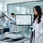 Hoàng Nhật Mai quan sát cánh tay robot kết nối giao thức Anthropic Claude MHS trong phòng lab