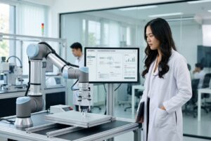 Hoàng Nhật Mai quan sát cánh tay robot kết nối giao thức Anthropic Claude MHS trong phòng lab