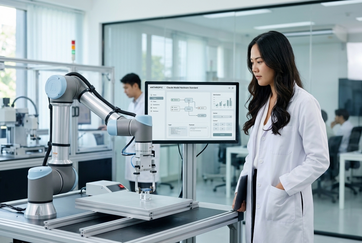 Hoàng Nhật Mai quan sát cánh tay robot kết nối giao thức Anthropic Claude MHS trong phòng lab