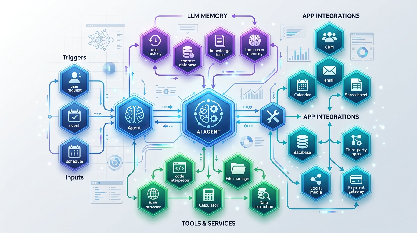 Sơ đồ kiến trúc AI Agent và workflow tự động hóa trên Make.com
