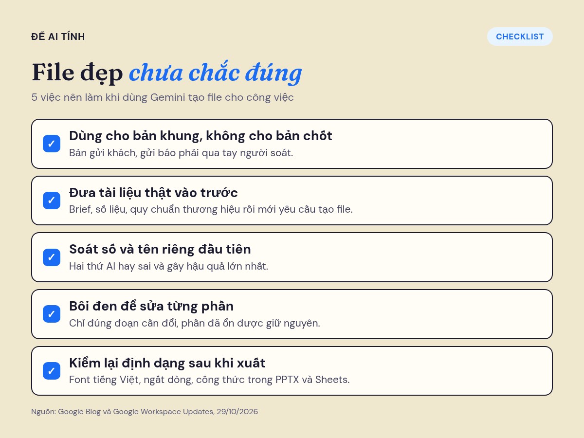 Checklist 5 việc nên làm khi dùng Gemini tạo file cho công việc truyền thông