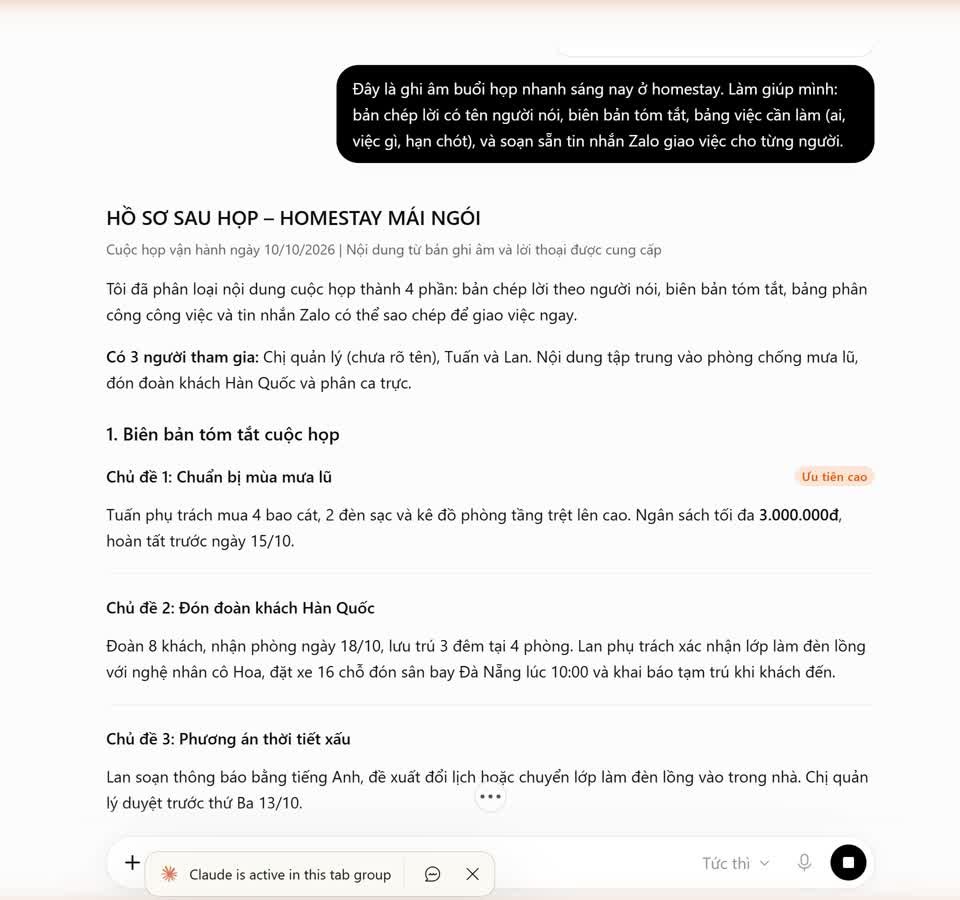 chatgpt cho quán cà phê - Bóc tách file ghi âm ý kiến khách hàng ra biên bản (ảnh chụp thật, 10/10/2026)