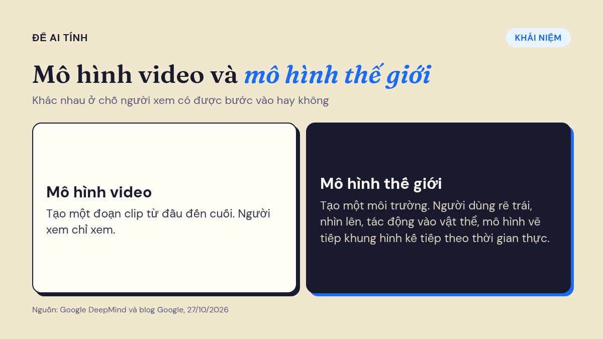So sánh mô hình video tạo clip cố định với mô hình thế giới tạo môi trường tương tác theo thời gian thực