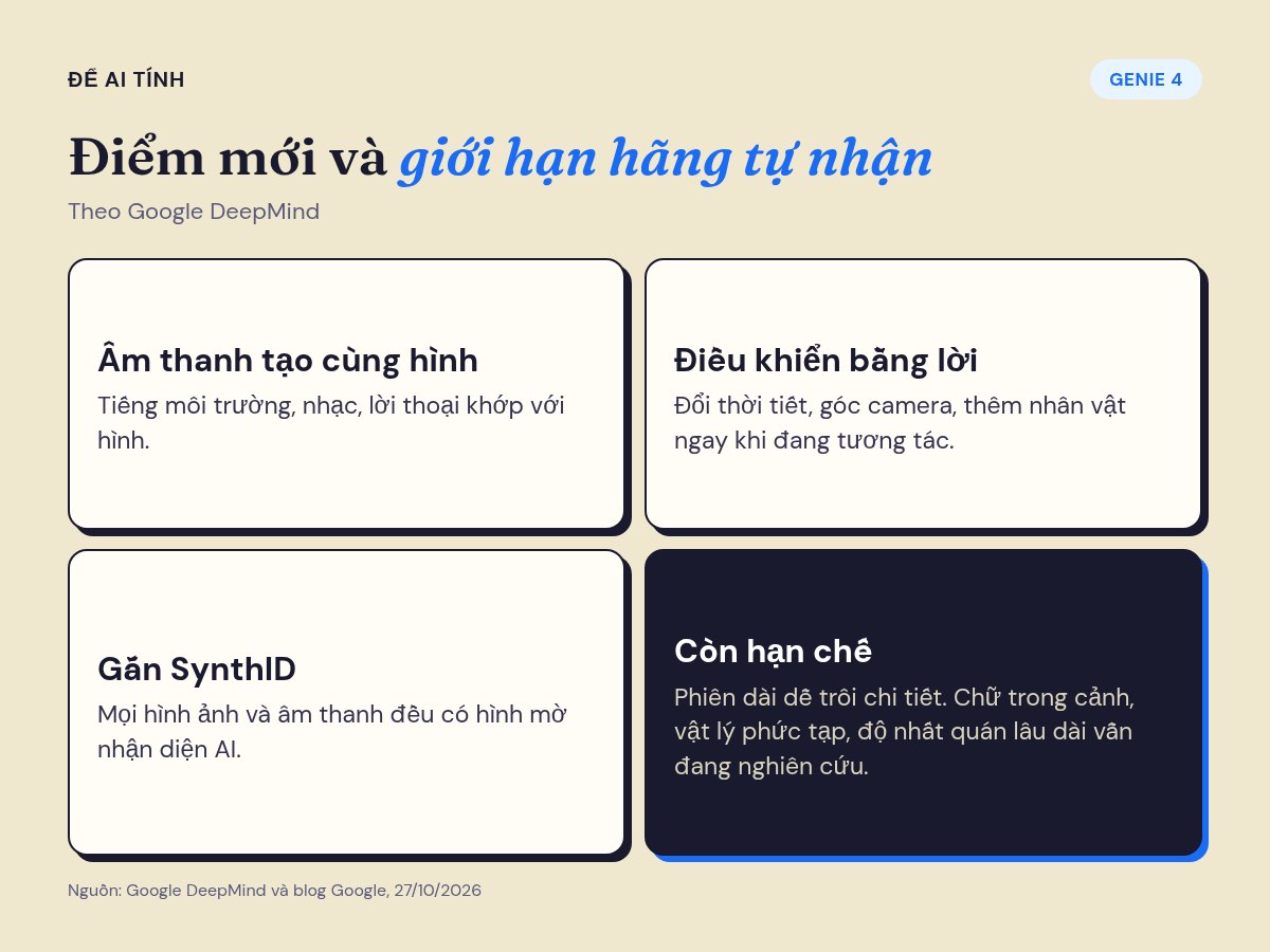 Điểm mới của Genie 4: âm thanh tạo cùng hình, điều khiển bằng lời, gắn SynthID, cùng các giới hạn Google DeepMind tự nhận
