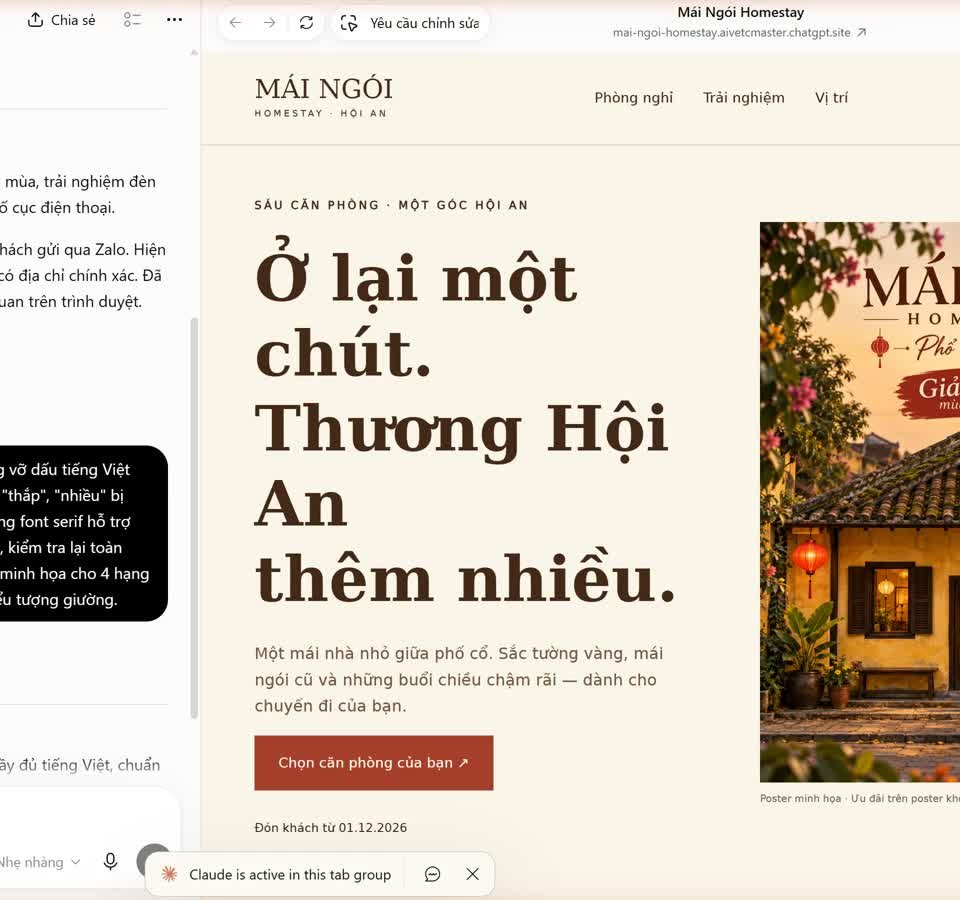 tạo website bằng chatgpt - Trang web Sites được dựng tự động đang tinh chỉnh nội dung (ảnh chụp thật, 10/10/2026)