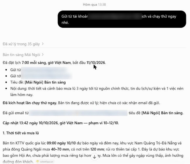 tác vụ hẹn giờ chatgpt - Bản tin tự động gửi mỗi sáng qua tác vụ Scheduled Tasks (ảnh chụp thật, 10/10/2026)