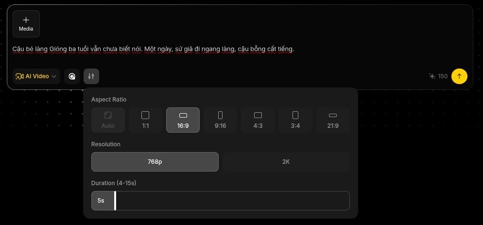 Cài đặt AI Video trong Anijam: tỉ lệ 16:9, 768p, 5 giây, báo trước 150 credit
