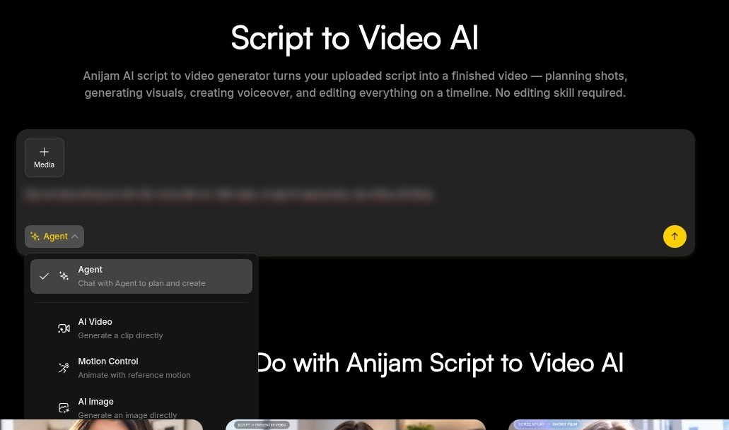 Menu chọn chế độ Agent, AI Video, Motion Control, AI Image trong Anijam