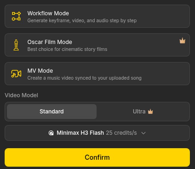 Chọn Workflow Mode và model video Minimax H3 Flash 25 credit mỗi giây trong Anijam