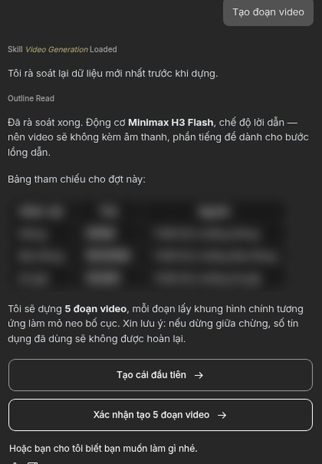 Agent Anijam hỏi tạo đoạn đầu tiên hay xác nhận tạo 5 đoạn video