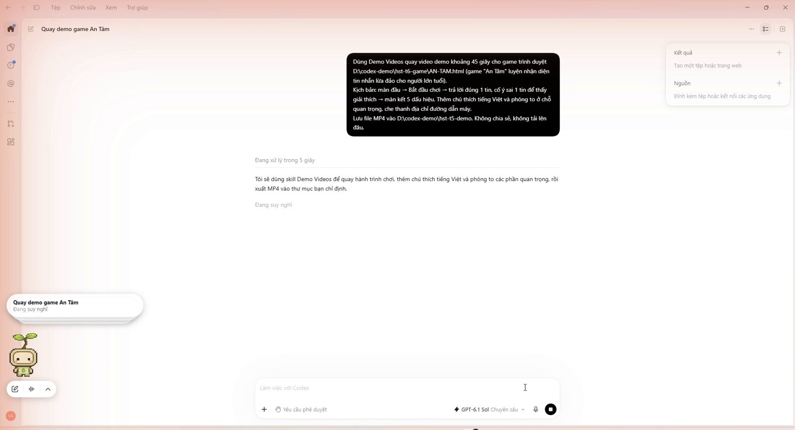 Câu lệnh nhờ plugin Demo Videos quay video demo game trong Codex