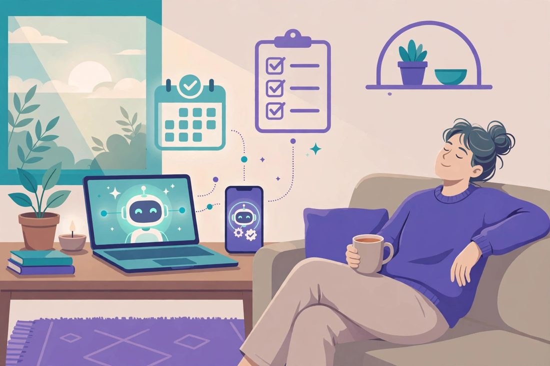 Muse toàn tập minh họa buổi sáng thảnh thơi khi Muse chuẩn bị lịch hẹn và bản tin trên máy ảo