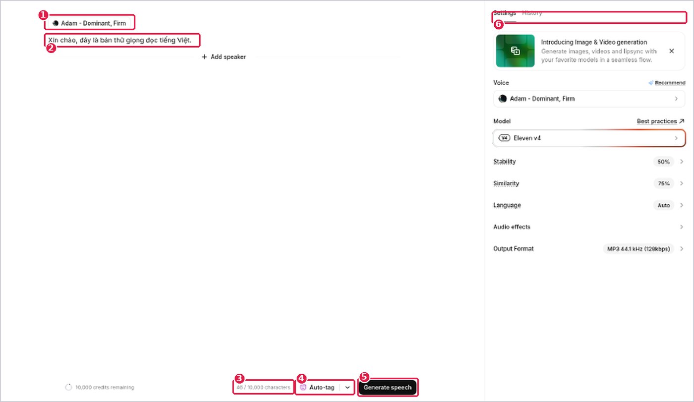 Màn hình Text to Speech của ElevenLabs với khung văn bản và cột cài đặt