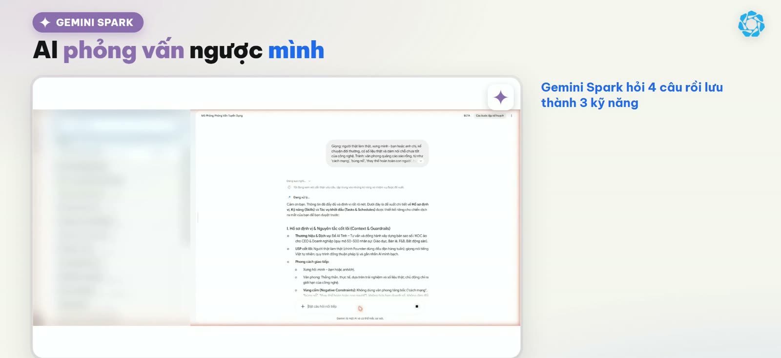 Gemini Spark hỏi từng câu trước khi nhận việc và lưu thành ba kỹ năng