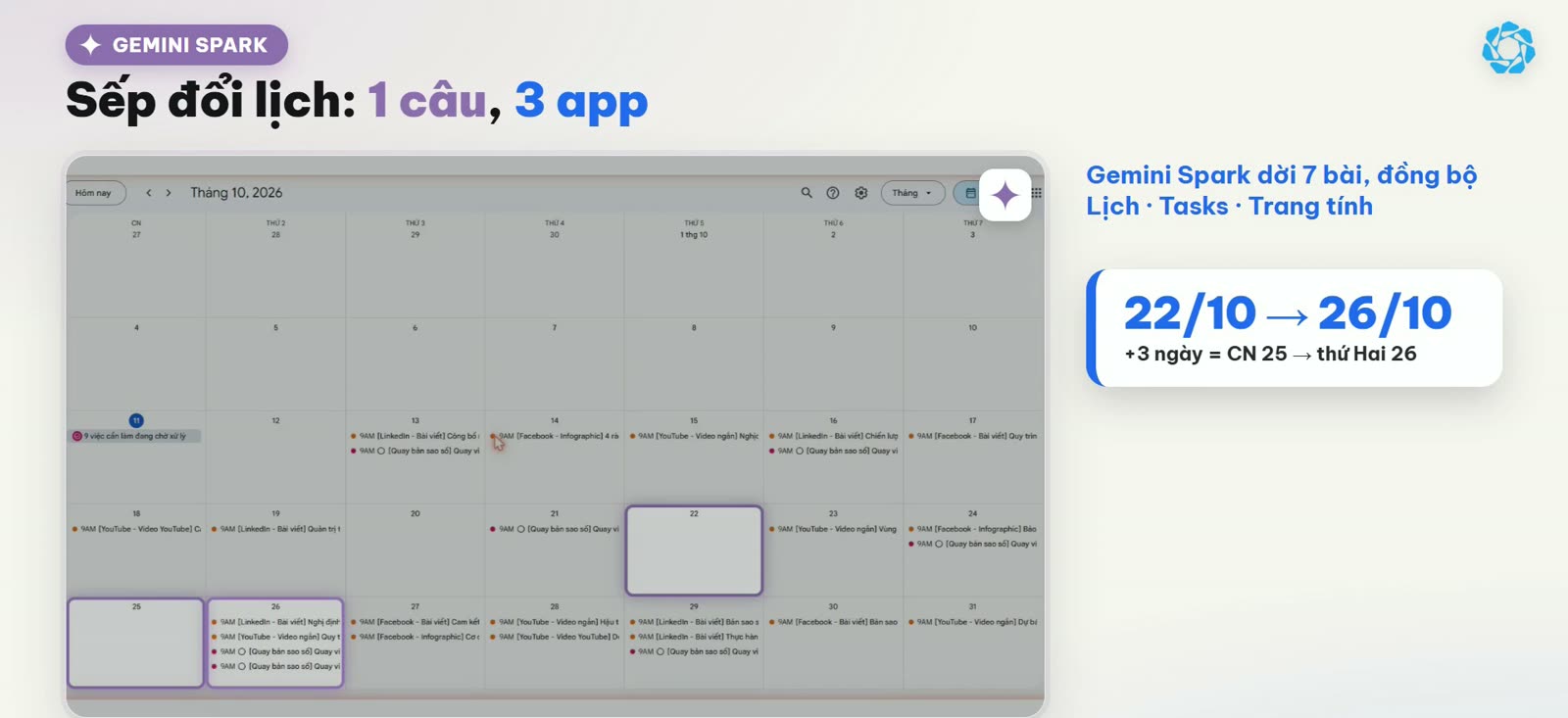 Gemini Spark dời lịch đồng bộ Trang tính, Lịch và Tasks bằng một câu