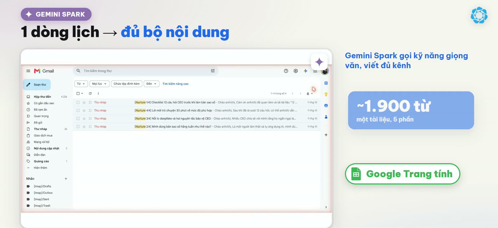 Gemini Spark viết kịch bản, caption và bài LinkedIn từ một dòng lịch