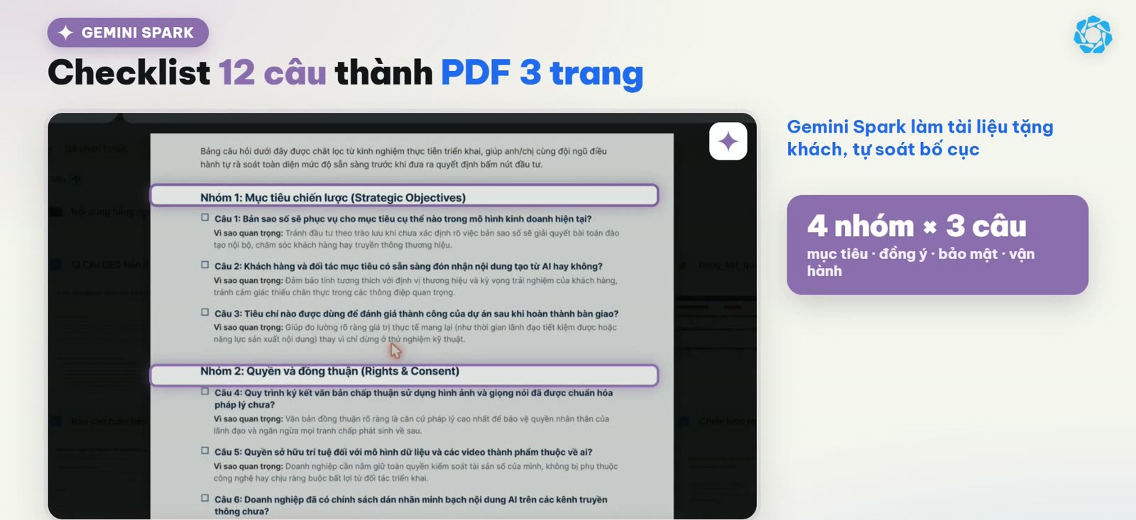 Checklist 12 câu Gemini Spark xuất thành PDF ba trang