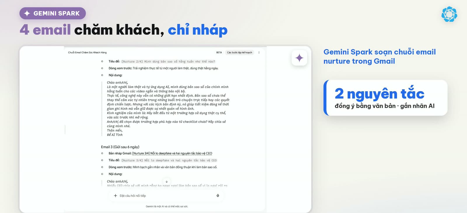 Chuỗi bốn email chăm sóc khách Gemini Spark soạn nháp trong Gmail
