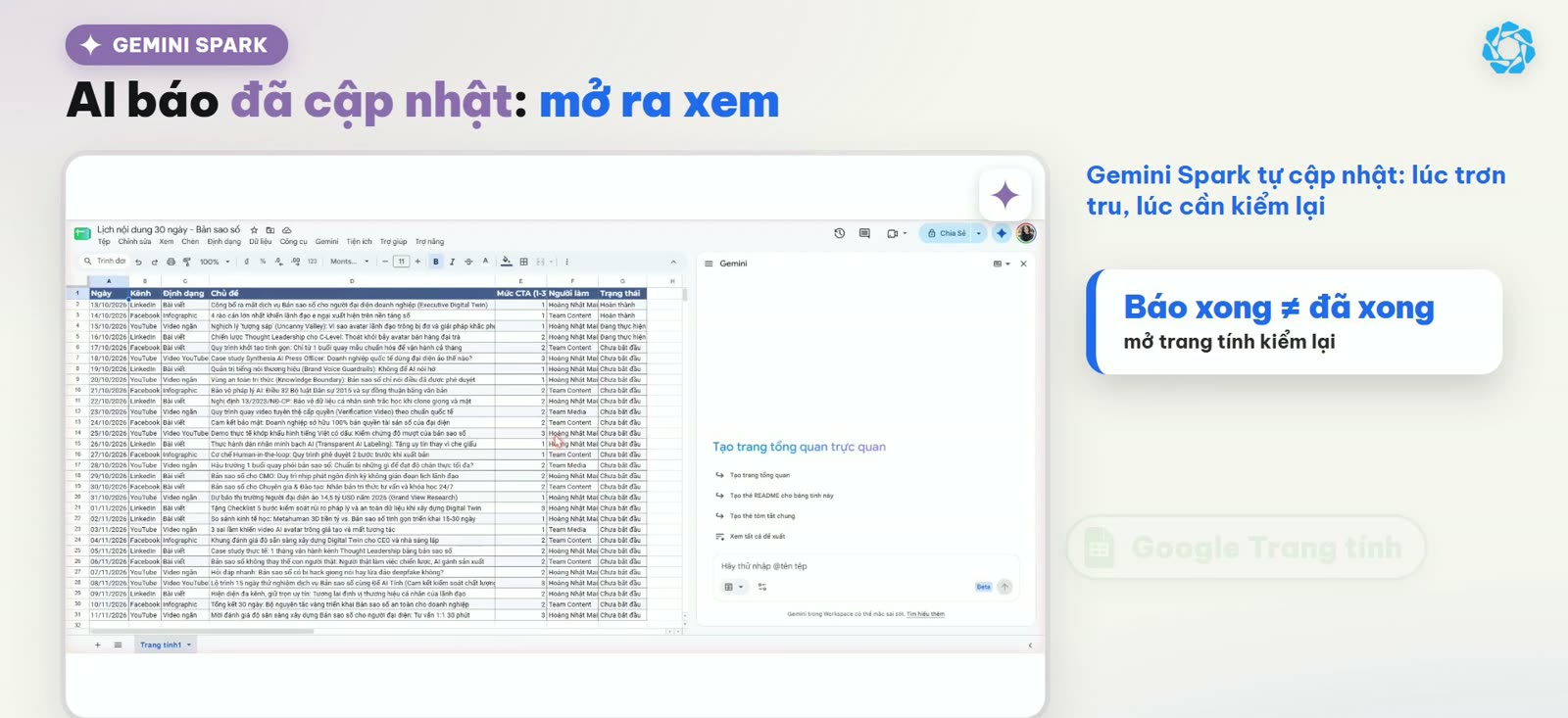 Bảng tính sau lượt Gemini Spark tự chạy lúc 7 giờ sáng