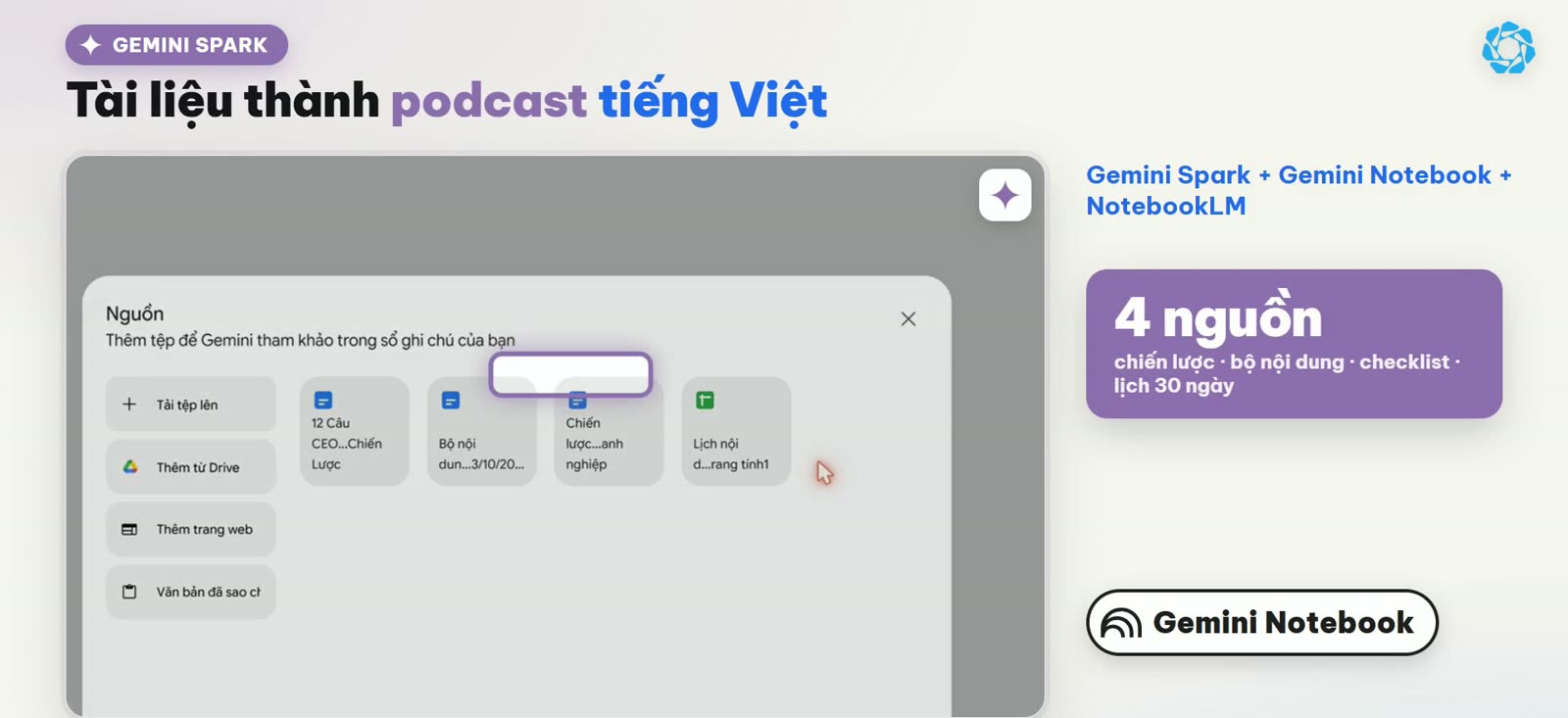 Gemini Spark gom bốn tài liệu vào Gemini Notebook để tạo podcast