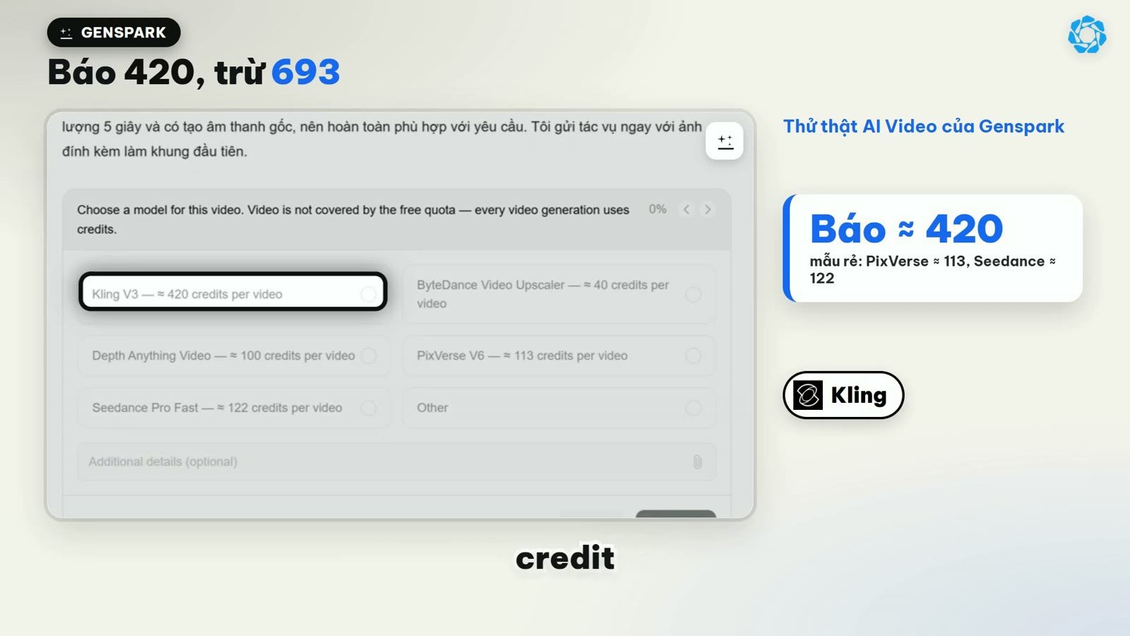 Dòng nhật ký trừ 693 credit trên trang Credit Usage của Genspark