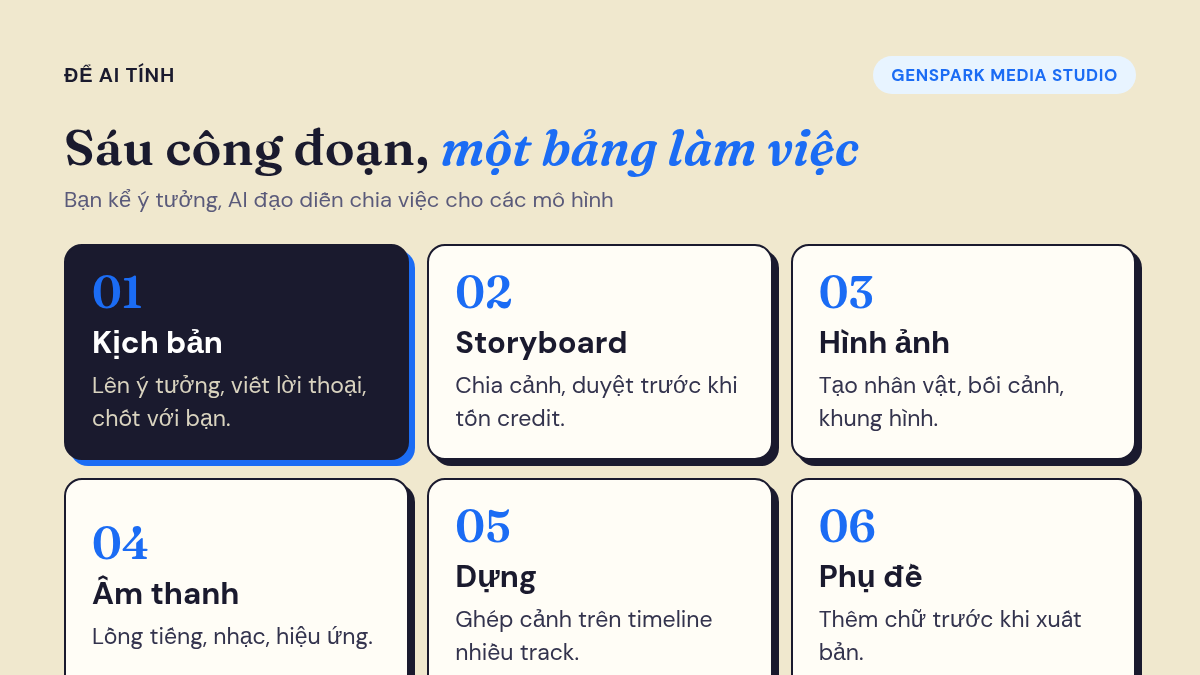 Sáu công đoạn Genspark Media Studio làm thay bạn: kịch bản, storyboard, hình ảnh, âm thanh, dựng, phụ đề