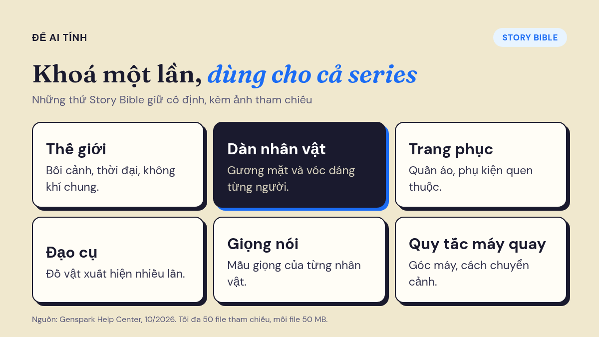 Story Bible trong Genspark Media Studio khoá thế giới, nhân vật, trang phục, đạo cụ, giọng nói và quy tắc máy quay