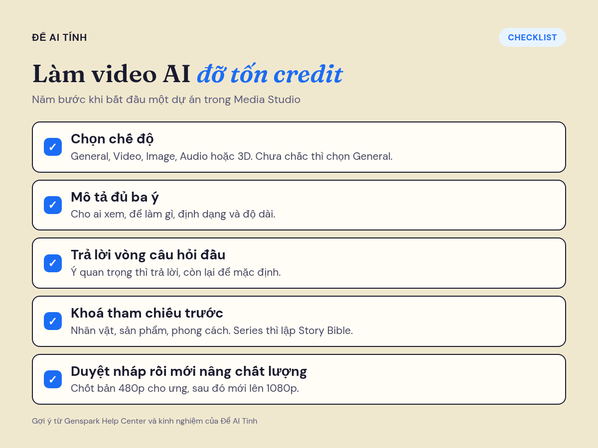 Năm bước dùng Genspark Media Studio tiết kiệm credit
