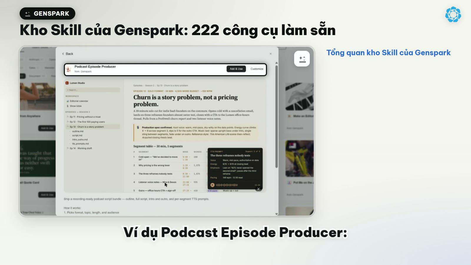 Thao tác cài đặt Skill bằng nút Add and Use trên giao diện Genspark