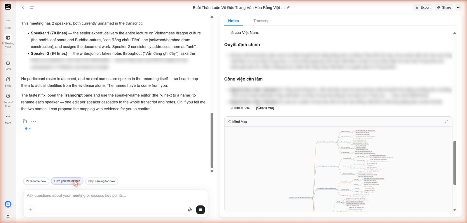 Bảng tóm tắt cuộc họp 4 mục và sơ đồ tư duy xuất từ Meeting Notes