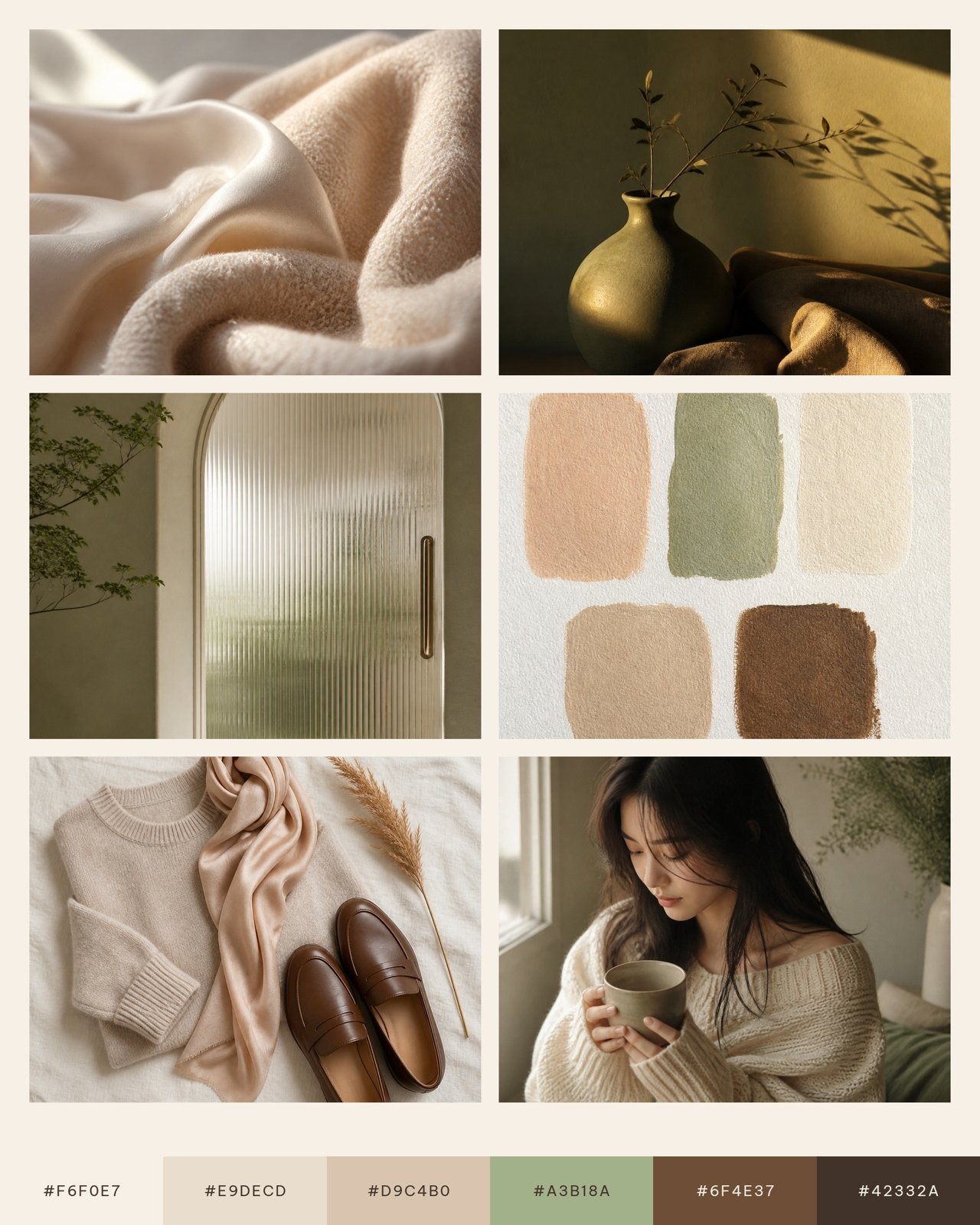 Bảng moodboard 6 ô hiển thị mã màu tỷ lệ 60-25-10-5 và phông chữ thương hiệu