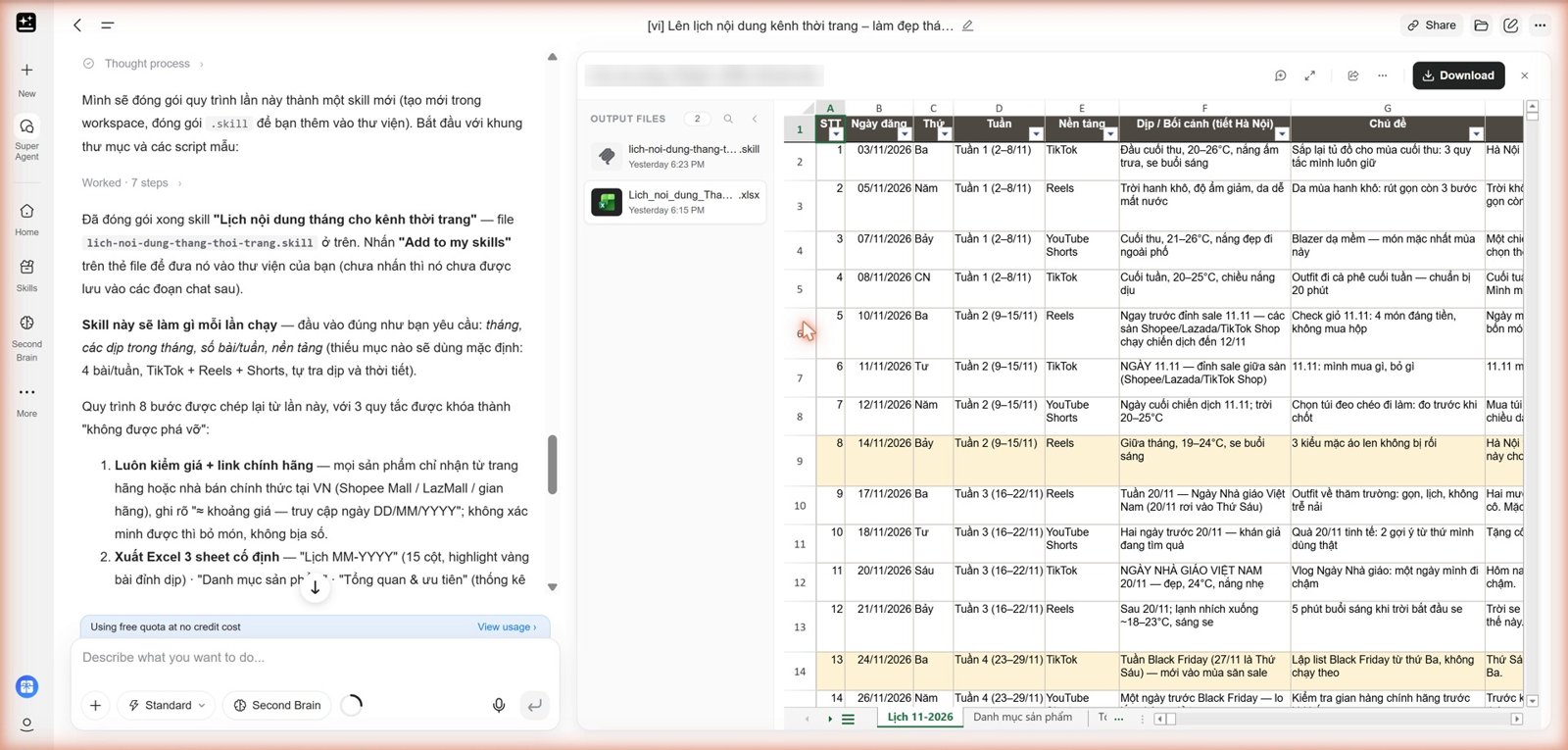 Super Agent Genspark lên lịch nội dung cả tháng và xuất file Excel 3 sheet