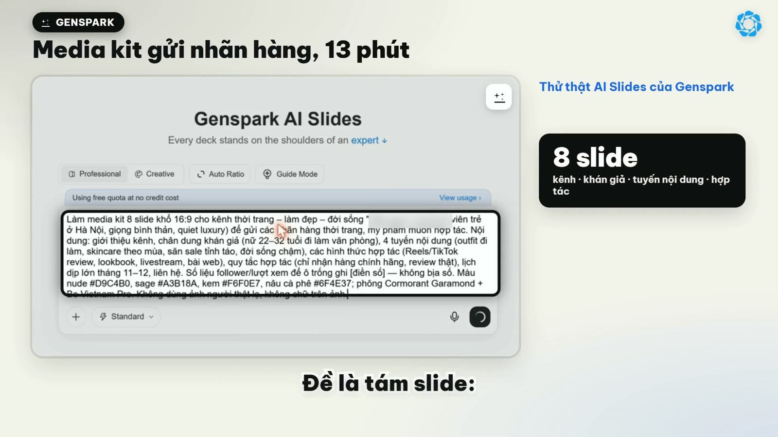 Đối chiếu số dư credit thực tế trong mục cài đặt tài khoản Genspark
